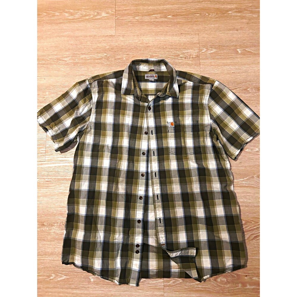 Carhartt Men's L Regular Plaid Short Sleeve Button-Down Shirt Green/White/Gray
